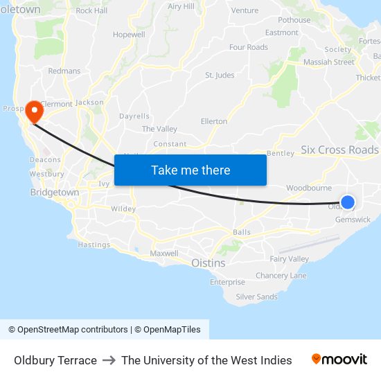 Oldbury Terrace to The University of the West Indies map