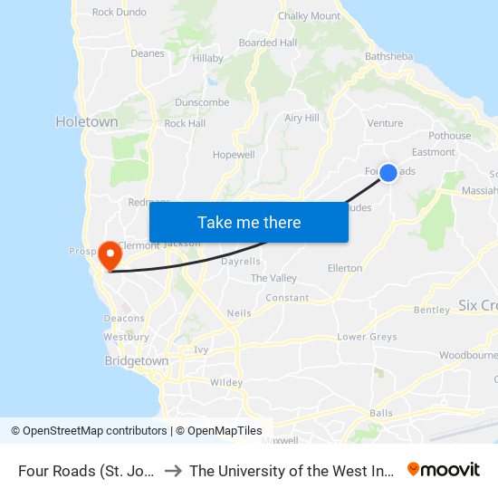 Four Roads (St. John) to The University of the West Indies map