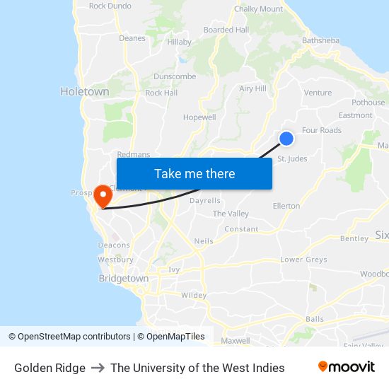 Golden Ridge to The University of the West Indies map
