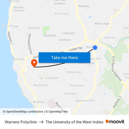 Warrens Polyclinic to The University of the West Indies map