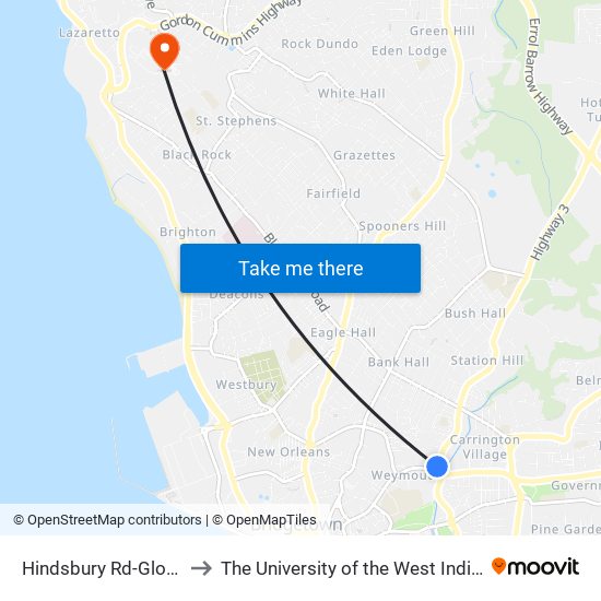 Hindsbury Rd-Globe to The University of the West Indies map