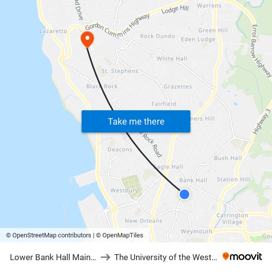 Lower Bank Hall Main Road to The University of the West Indies map