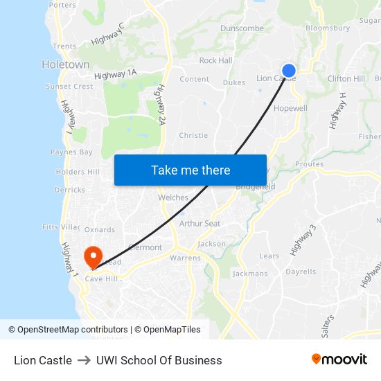 Lion Castle to UWI School Of Business map