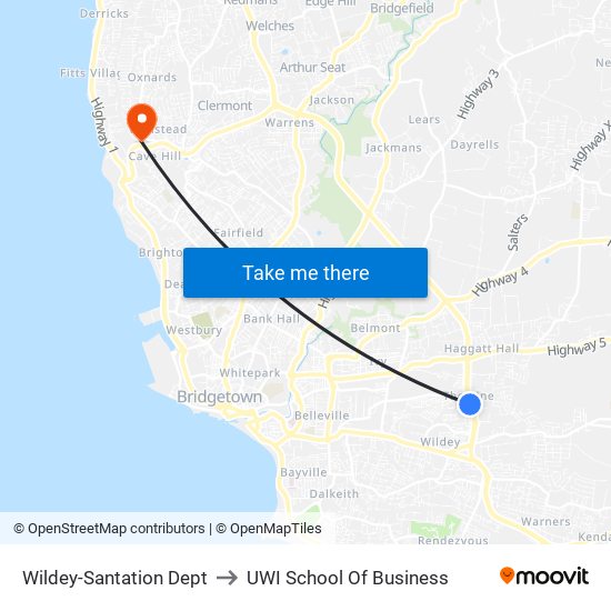 Wildey-Santation Dept to UWI School Of Business map