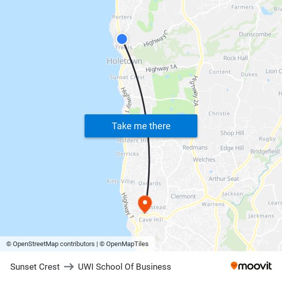 Sunset Crest to UWI School Of Business map