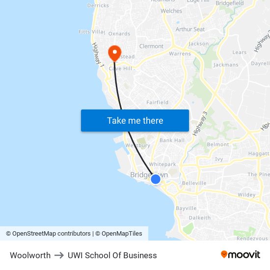 Woolworth to UWI School Of Business map