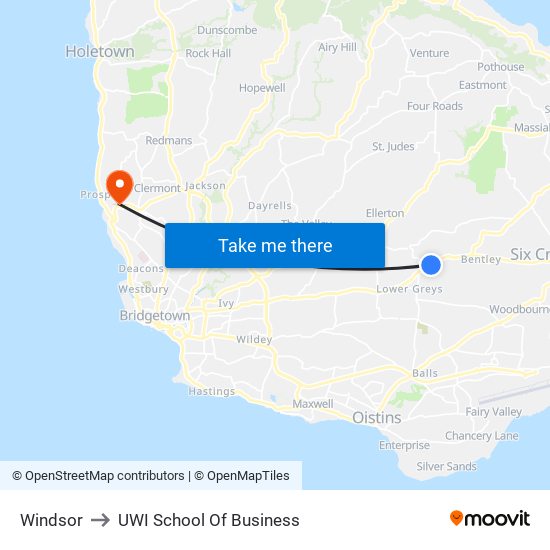 Windsor to UWI School Of Business map