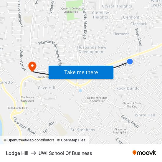 Lodge Hill to UWI School Of Business map
