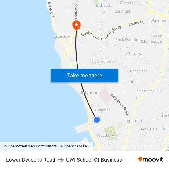 Lower Deacons Road to UWI School Of Business map