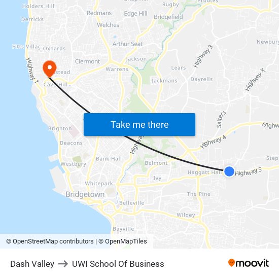 Dash Valley to UWI School Of Business map