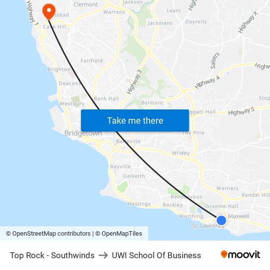 Top Rock - Southwinds to UWI School Of Business map