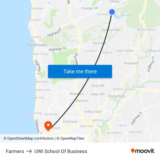 Farmers to UWI School Of Business map