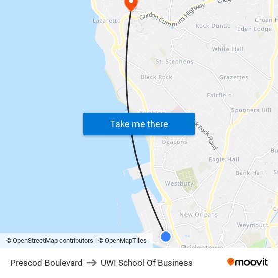 Prescod Boulevard to UWI School Of Business map