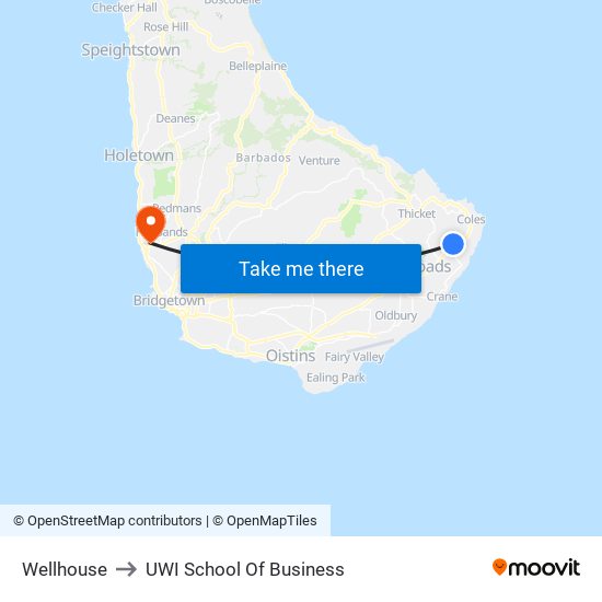 Wellhouse to UWI School Of Business map