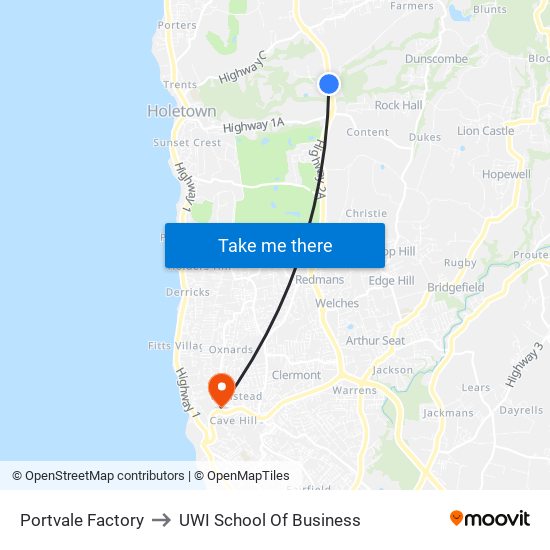 Portvale Factory to UWI School Of Business map