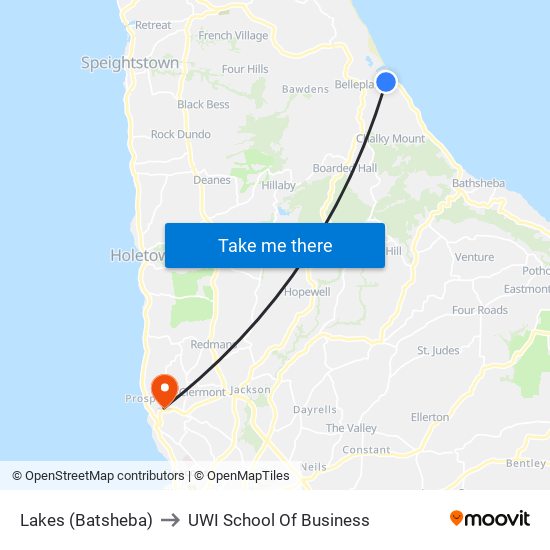 Lakes (Batsheba) to UWI School Of Business map