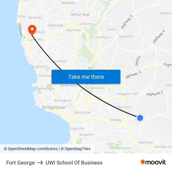Fort George to UWI School Of Business map