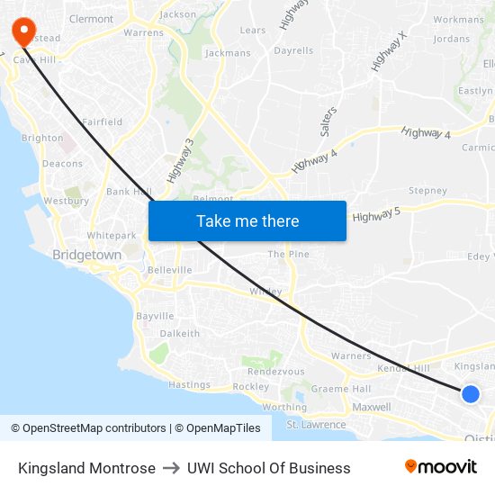Kingsland Montrose to UWI School Of Business map