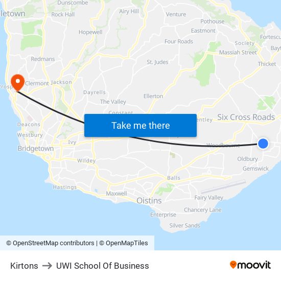 Kirtons to UWI School Of Business map