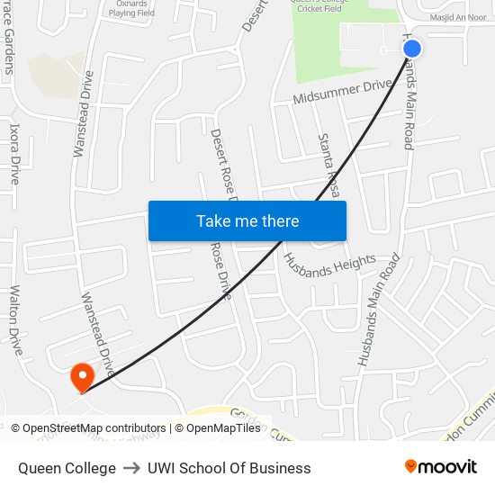 Queen College to UWI School Of Business map