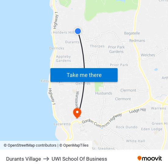 Durants Village to UWI School Of Business map