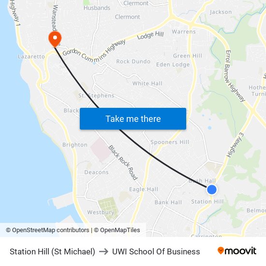 Station Hill (St Michael) to UWI School Of Business map