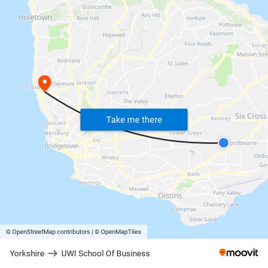 Yorkshire to UWI School Of Business map