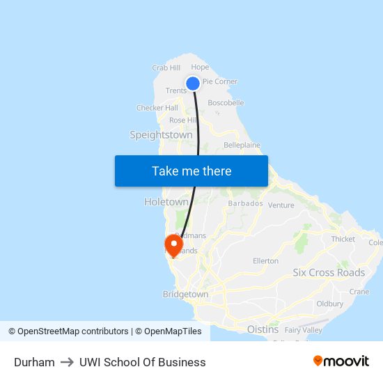 Durham to UWI School Of Business map