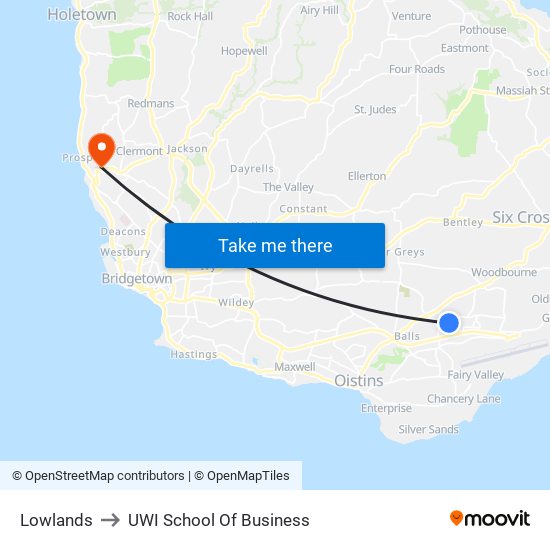 Lowlands to UWI School Of Business map