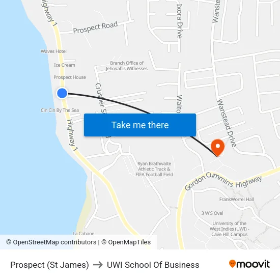 Prospect (St James) to UWI School Of Business map