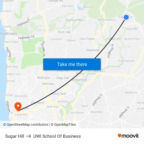 Sugar Hill to UWI School Of Business map