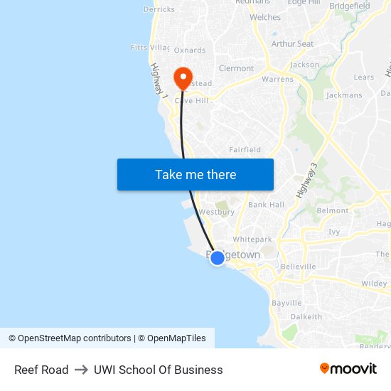Reef Road to UWI School Of Business map
