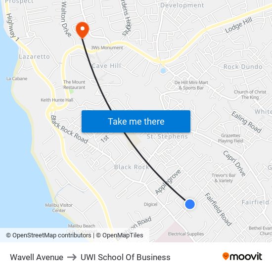 Wavell Avenue to UWI School Of Business map