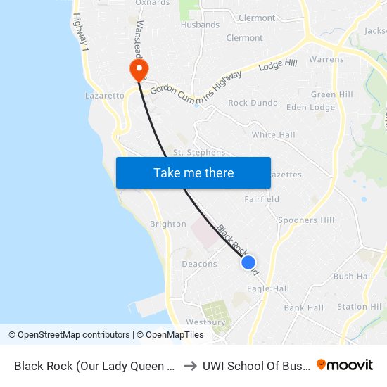 Black Rock (Our Lady Queen Church) to UWI School Of Business map