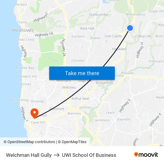Welchman Hall Gully to UWI School Of Business map