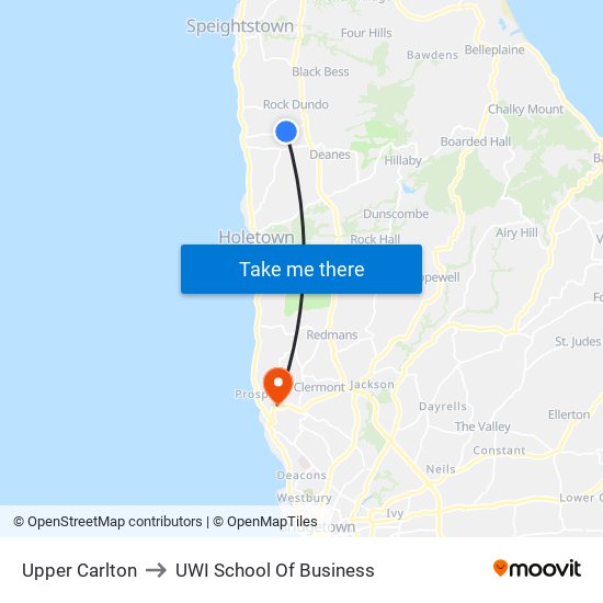 Upper Carlton to UWI School Of Business map