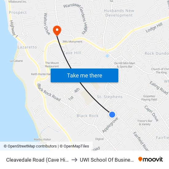 Cleavedale  Road (Cave Hill) to UWI School Of Business map