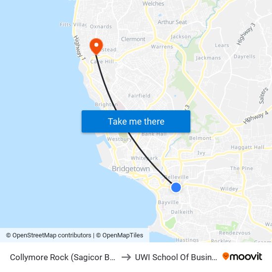 Collymore Rock (Sagicor Bank) to UWI School Of Business map