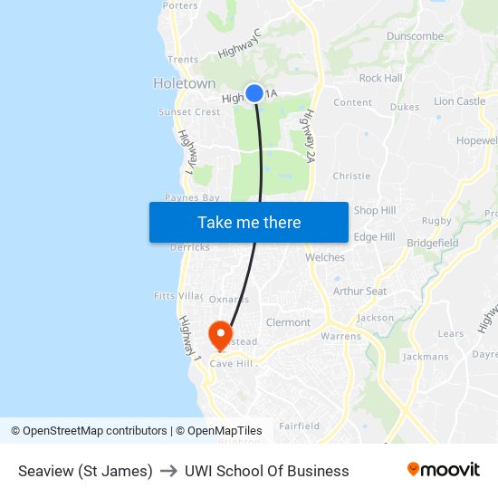 Seaview (St James) to UWI School Of Business map