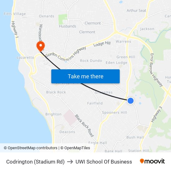 Codrington (Stadium Rd) to UWI School Of Business map