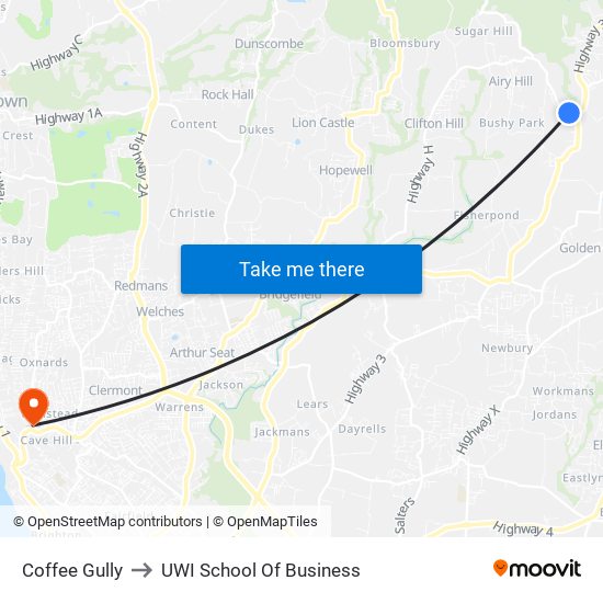 Coffee Gully to UWI School Of Business map