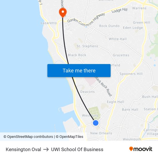 Kensington Oval to UWI School Of Business map