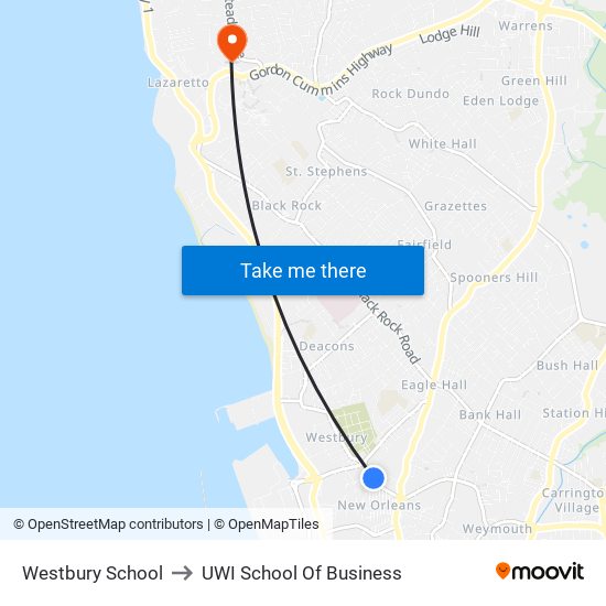 Westbury School to UWI School Of Business map