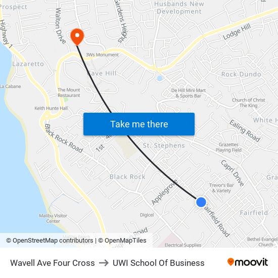 Wavell  Ave Four Cross to UWI School Of Business map