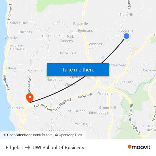 Edgehill to UWI School Of Business map