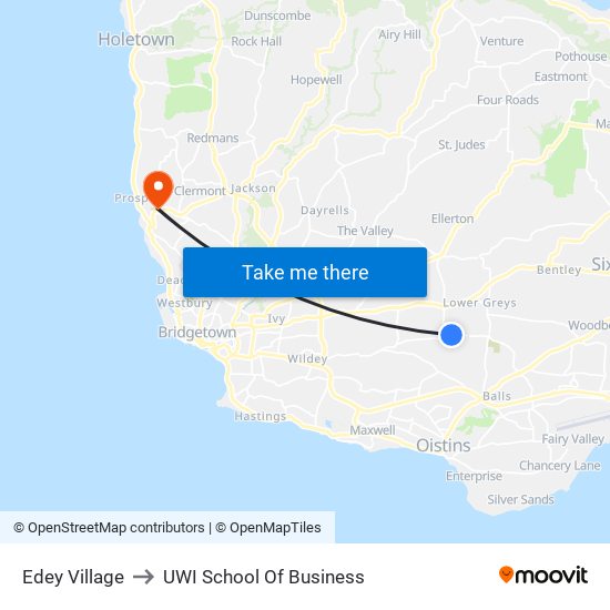 Edey Village to UWI School Of Business map