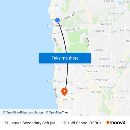 St James Secondary Sch (Morgans) to UWI School Of Business map