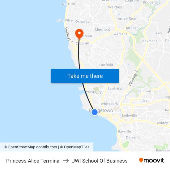 Princess Alice Terminal to UWI School Of Business map