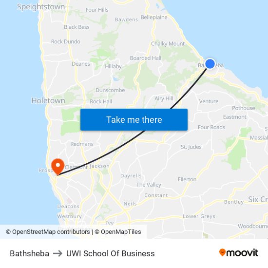 Bathsheba to UWI School Of Business map