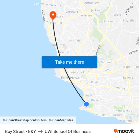 Bay Street - E&Y to UWI School Of Business map